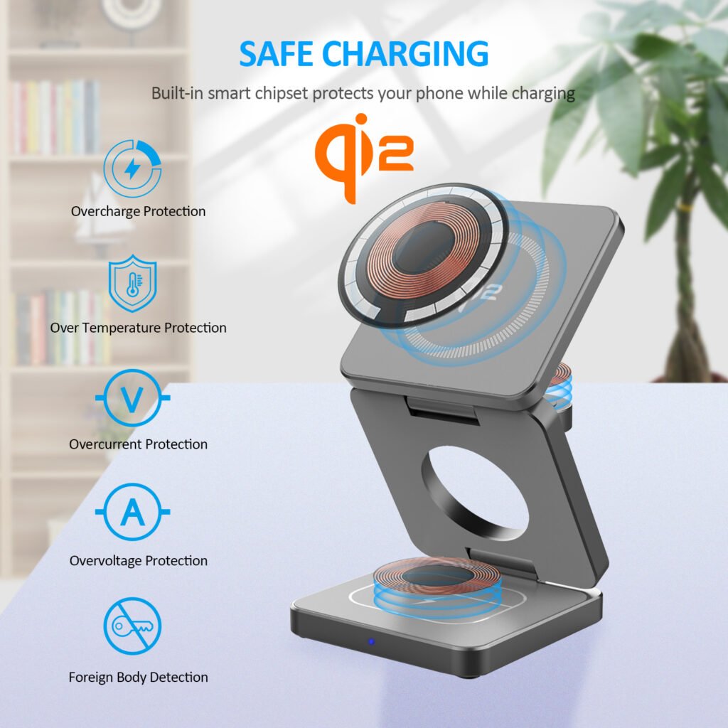 safe charging-Qi2 15W Magnetic 3 in 1 foldable Wireless Charging Station